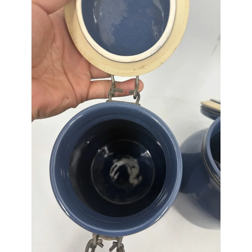 Vintage Stoneware Canister Set 3 Navy Blue Folk Art Bird Heart Clamp Lid